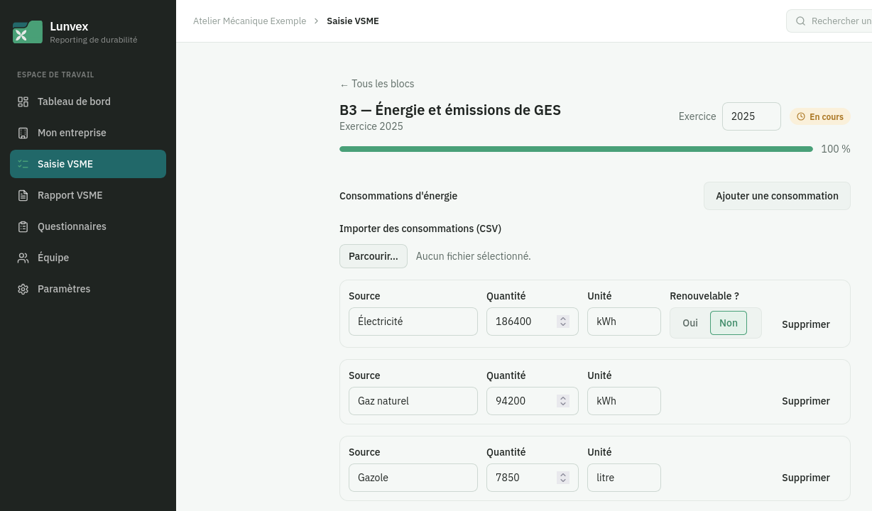 Écran de saisie de Lunvex, rubrique B3 Énergie et émissions de GES : menu latéral de l’application, avancement de la rubrique et consommations d’énergie saisies (électricité, gaz naturel, gazole, propane), données de démonstration.