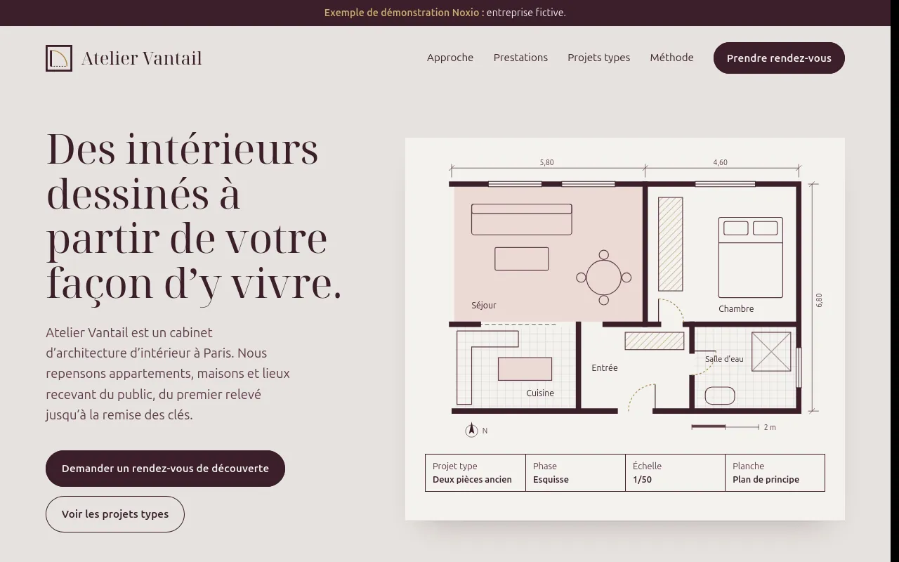 Page d’accueil de l’exemple Atelier Vantail, sur ordinateur