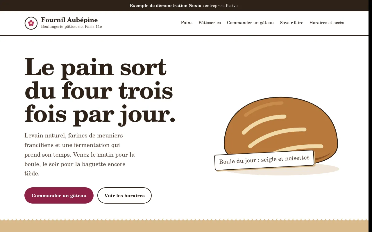 Page d’accueil de l’exemple Fournil Aubépine, sur ordinateur