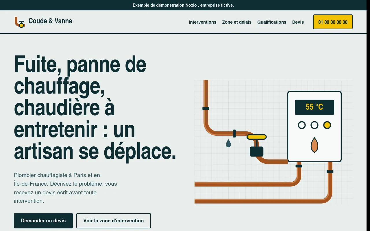 Page d’accueil de l’exemple Coude & Vanne, sur ordinateur