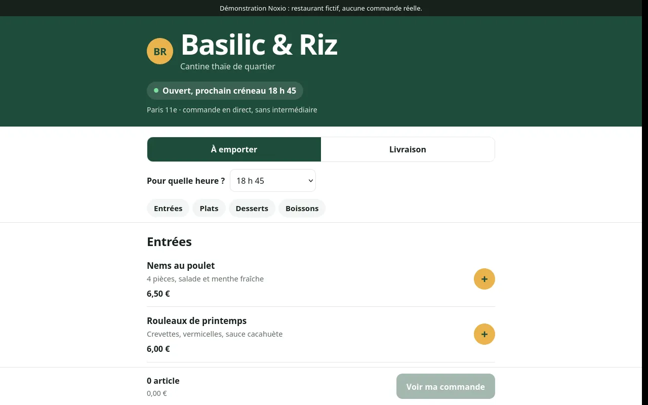 Page d’accueil de l’exemple Basilic & Riz, sur ordinateur